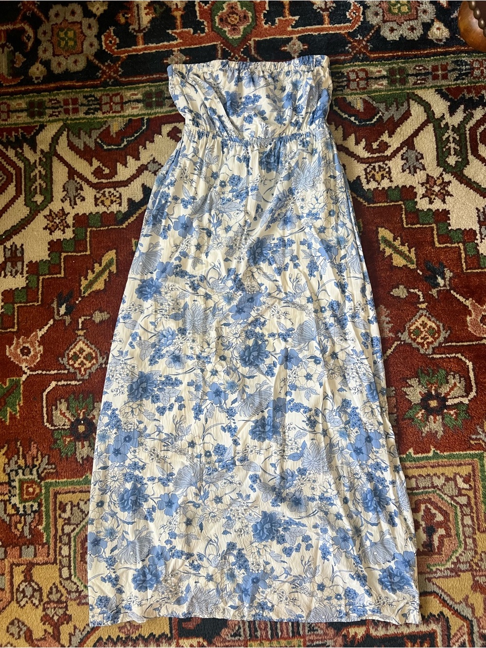 Old Navy Blue and Cream Strapless Floral Maxi Dress